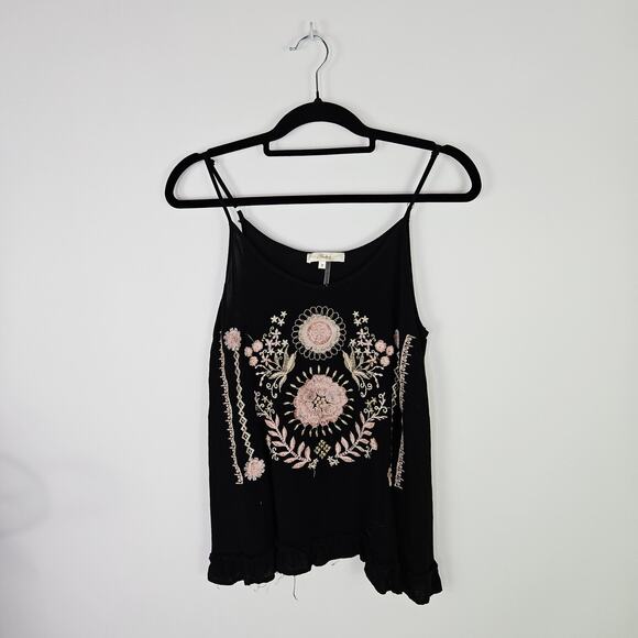 Andrée by Unit Women’s Embroidered Floral Boho Tank Top Black Pink Medium Rayon - Picture 1 of 8